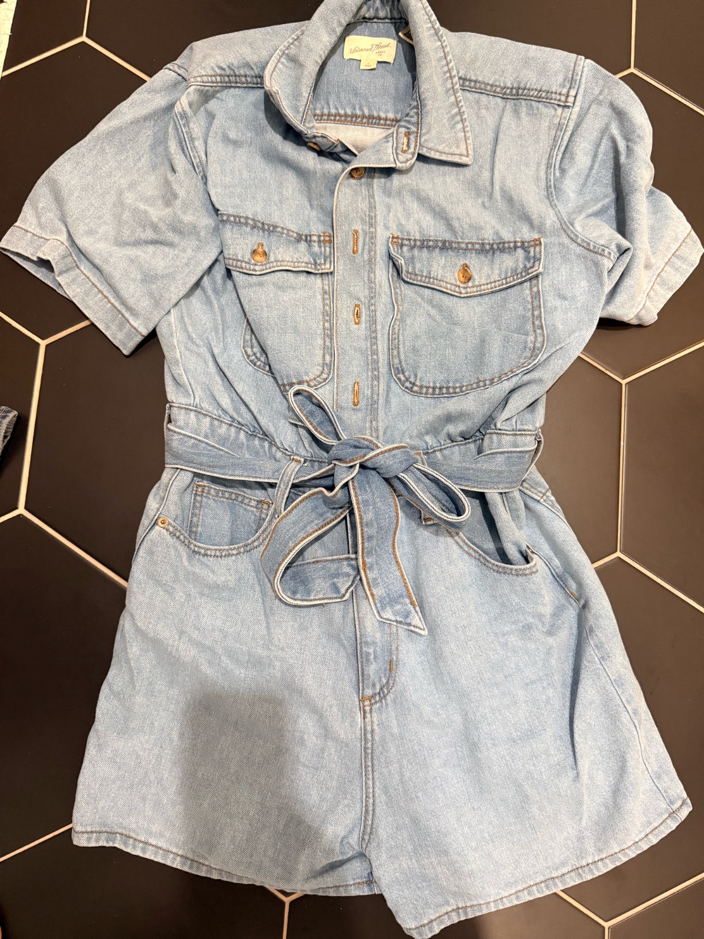 Universal Thread Light Blue Denim Women's Jumpsuit short with Self-Tie Waist